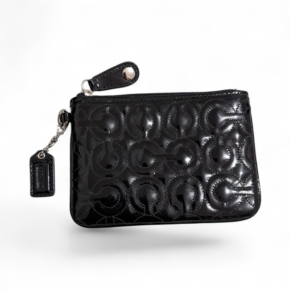 26 - Coach Signature Stitch Black Patent Leather Pouch